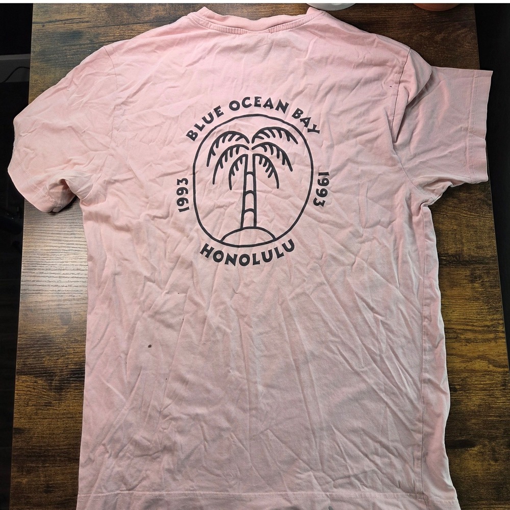 HM LOGG Mens Blue Ocean Bay Honolulu Graphic T-Shirt Pink Palm Tree Size M